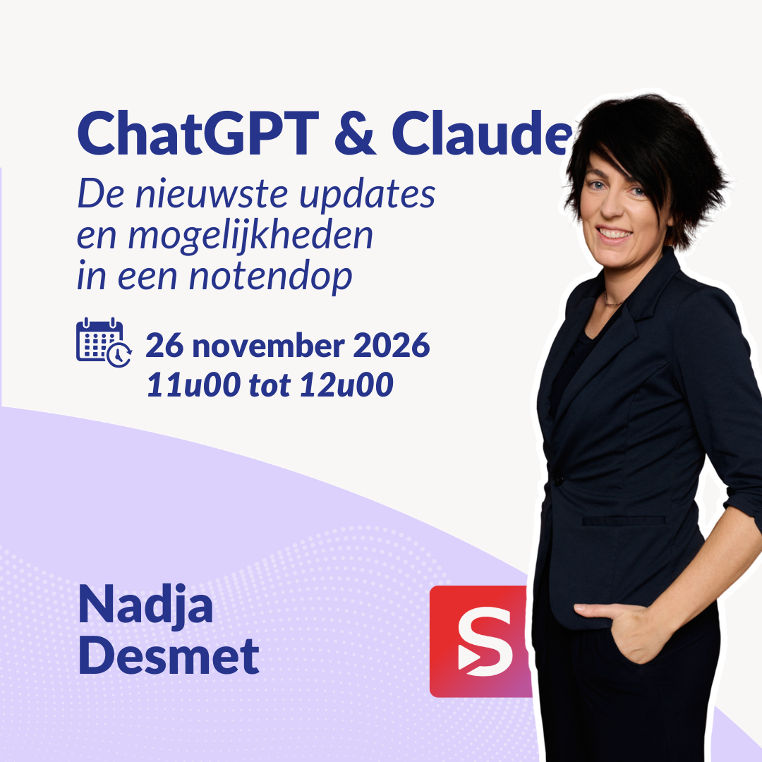 Affiche van de expertsessie ChatGPT & Claude: de nieuwste updates en mogelijkheden met Nadja Desmet op donderdag 26 november 2026