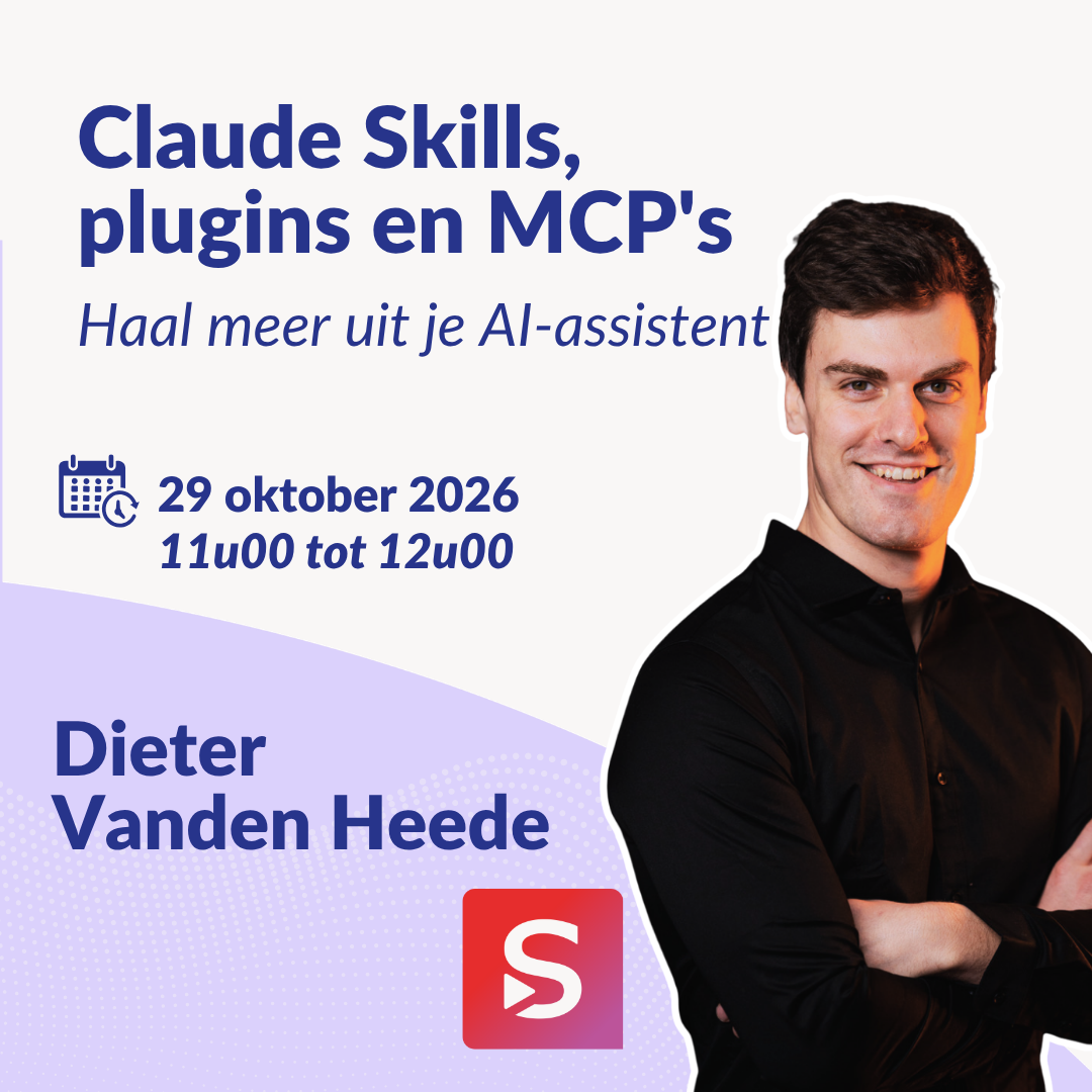 Affiche van de expertsessie Claude Skills, plugins en MCP's: haal meer uit je AI-assistent met Dieter Vanden Heede op donderdag 29 oktober 2026
