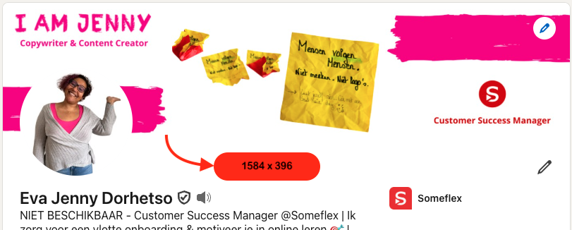 Voorbeeld van een LinkedIn-banner van 1584 x 396 pixels op een persoonlijk profiel