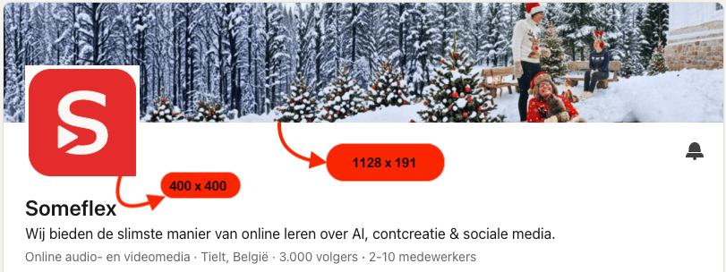 Voorbeeld van een LinkedIn-banner van 1128 x 191 pixels op een bedrijfspagina