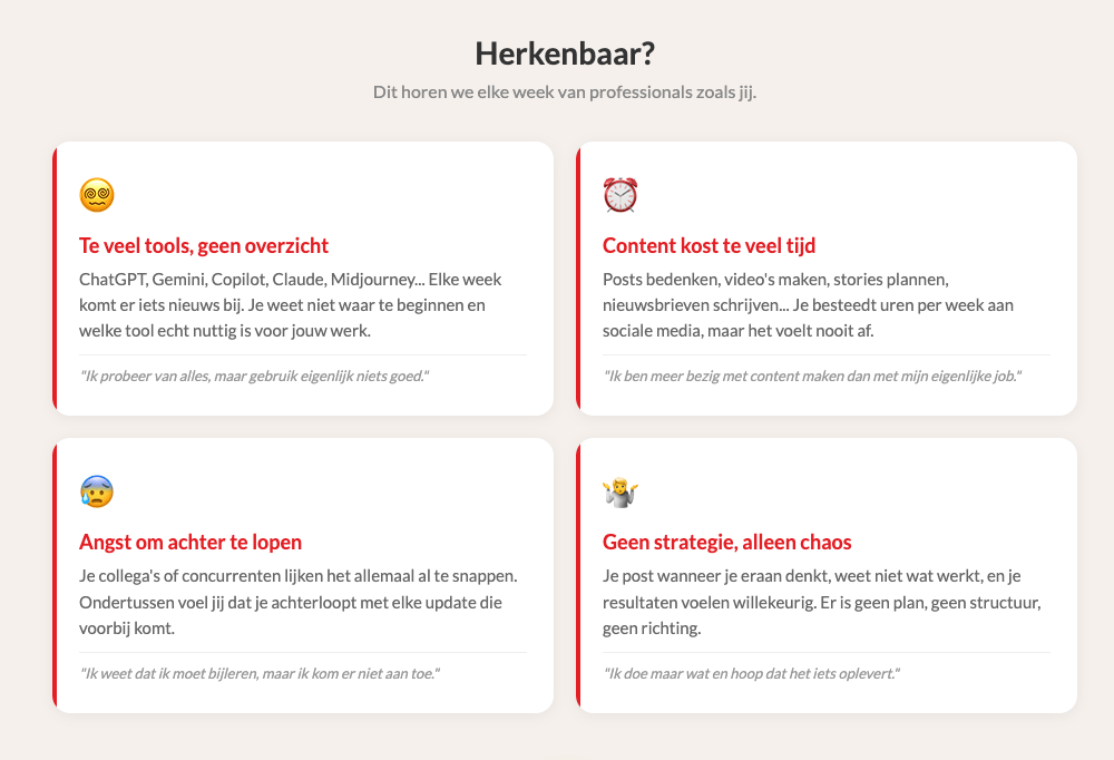 Vier uitdagingen van professionals met AI en sociale media: te veel tools, te weinig tijd, angst om achter te lopen, geen strategie