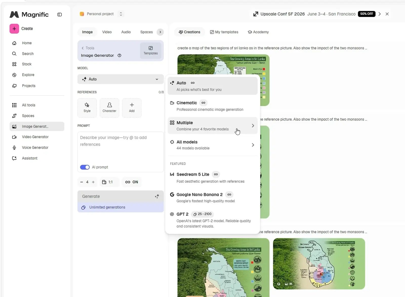 Beeldgenerator van Magnific AI met keuzemenu uit 44 AI-modellen