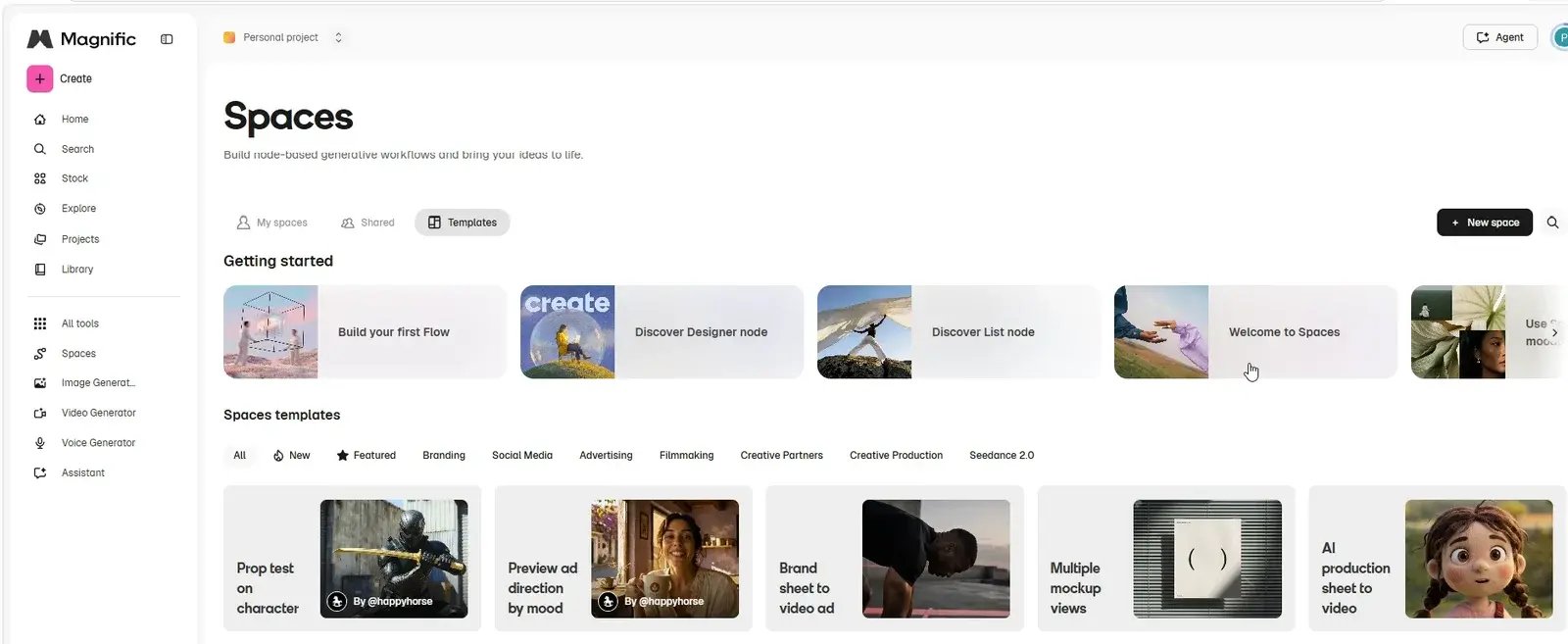 Spaces in Magnific AI: galerij met kant-en-klare workflow-templates