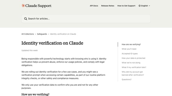 Officiële Claude-pagina over identiteitsverificatie en geaccepteerde ID-types