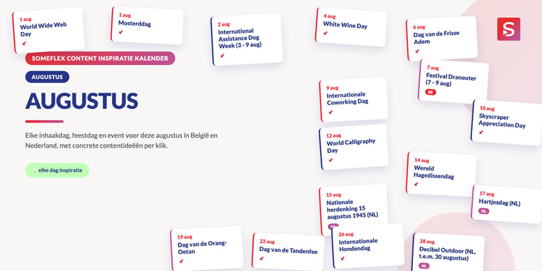 De vernieuwde Someflex content inspiratie kalender met inhaakdagen-kaartjes voor augustus 2026