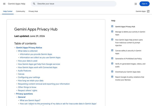 Schermafbeelding van de Gemini Apps Privacy Hub op Google Support met uitleg over de Keep Activity-instelling voor AI-training