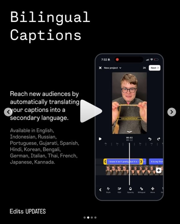 Schermafbeelding uit de Instagram Edits-app: een videotijdlijn met een gele en een blauwe ondertitelbalk, elk in een andere taal, die de automatische tweetalige ondertiteling toont