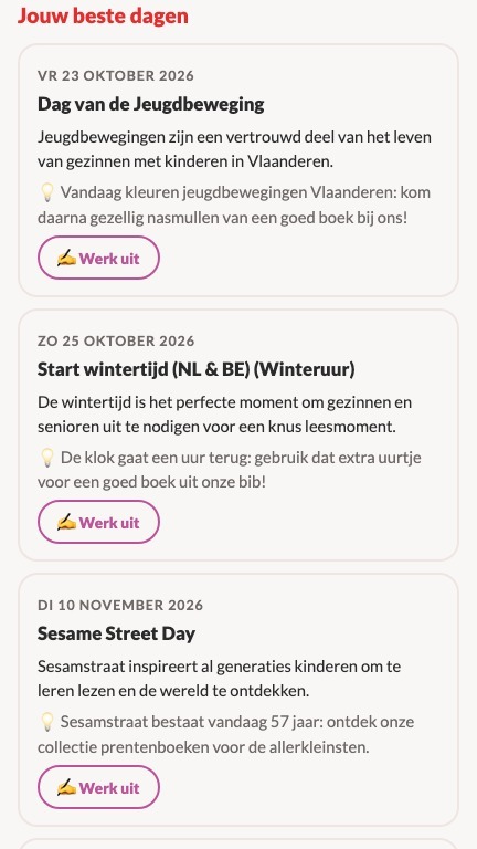 De inhaakcoach toont de gekozen dagen voor een bibliotheek, met Dag van de Jeugdbeweging, de start van het winteruur en Sesame Street Day