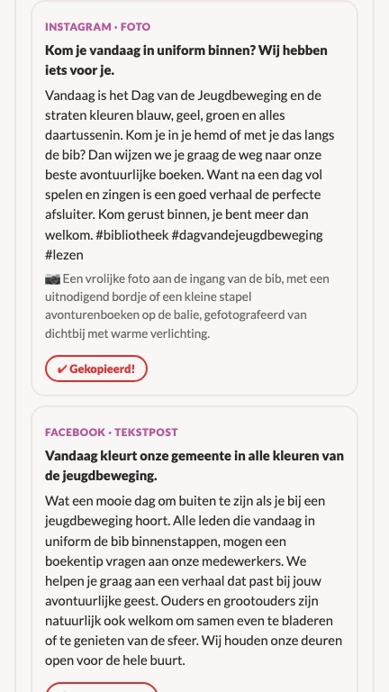 Drie postideeën van de inhaakcoach voor Dag van de Jeugdbeweging, met openingszin en posttekst