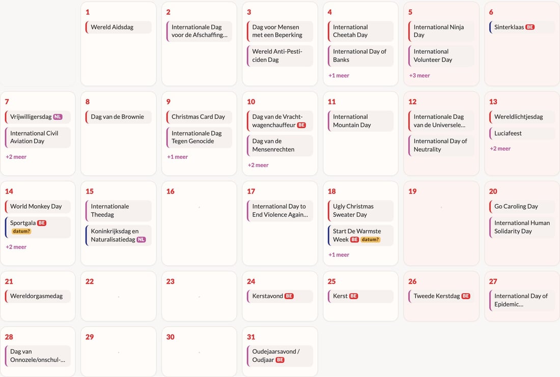 Het maandrooster van december in de contentkalender, met de inhaakdagen per dag