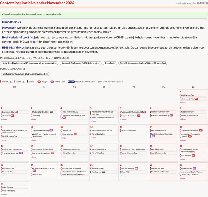 Een maand uit de contentkalender als pdf, klaar om te printen