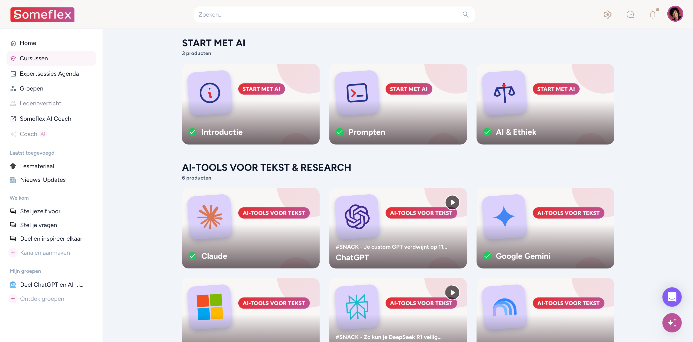 Het Someflex-leerplatform met de cursussen Start met AI en de AI-tools