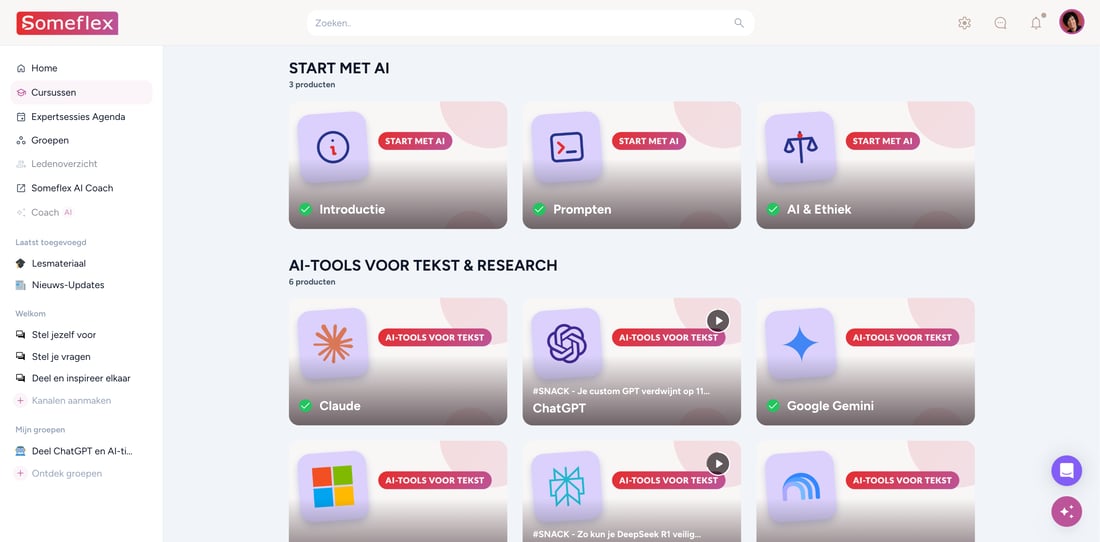 Het Someflex-leerplatform met de cursussen Start met AI en de AI-tools