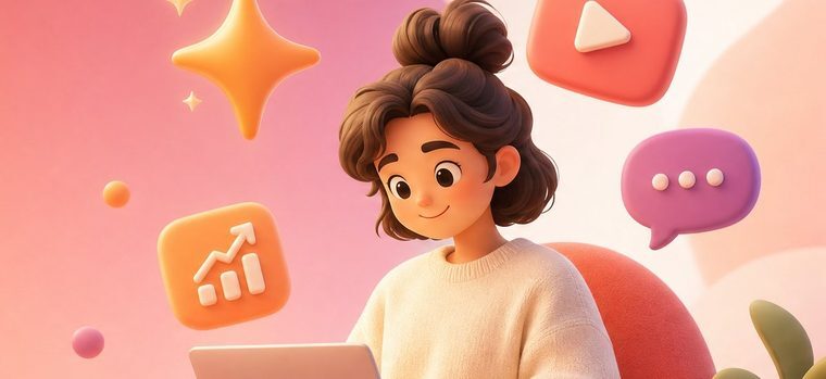 Someflex-personage achter een laptop, omringd door content-iconen