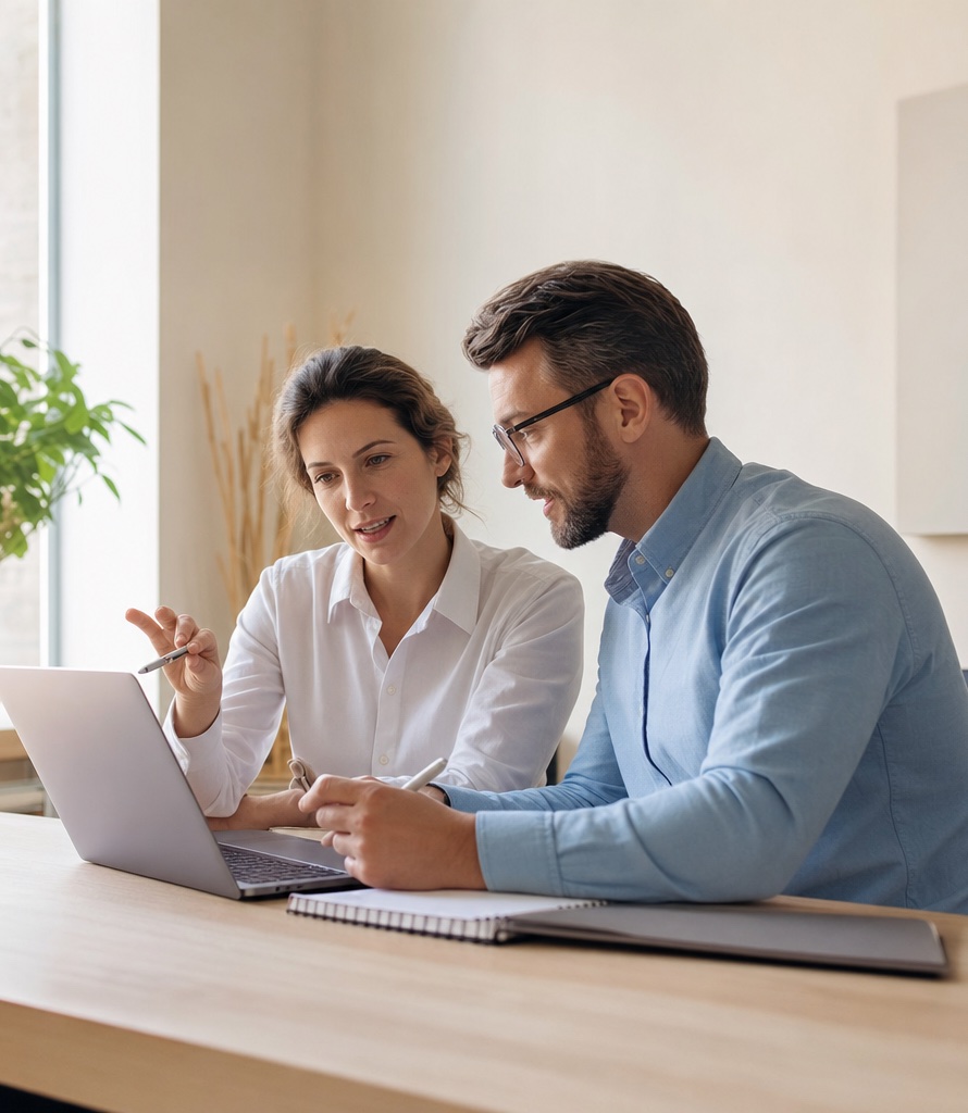 Twee ondernemers volgen samen online een Someflex-expertsessie op laptop