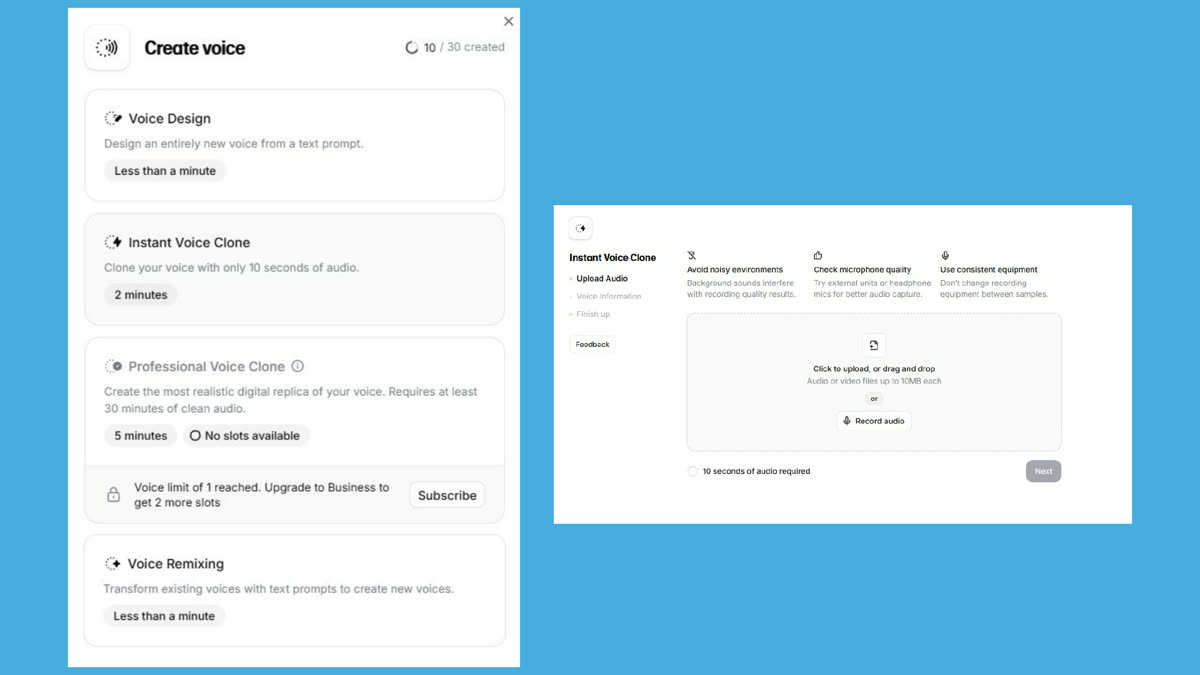 ElevenLabs Create voice met Instant Voice Clone vanaf 10 seconden audio
