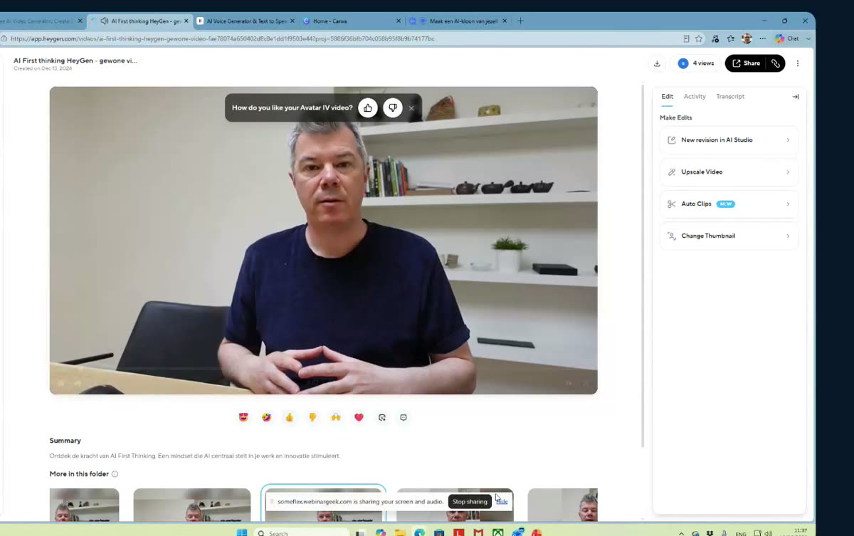 HeyGen Video Agent met een gegenereerde avatar-video van de spreker en het bewerkpaneel