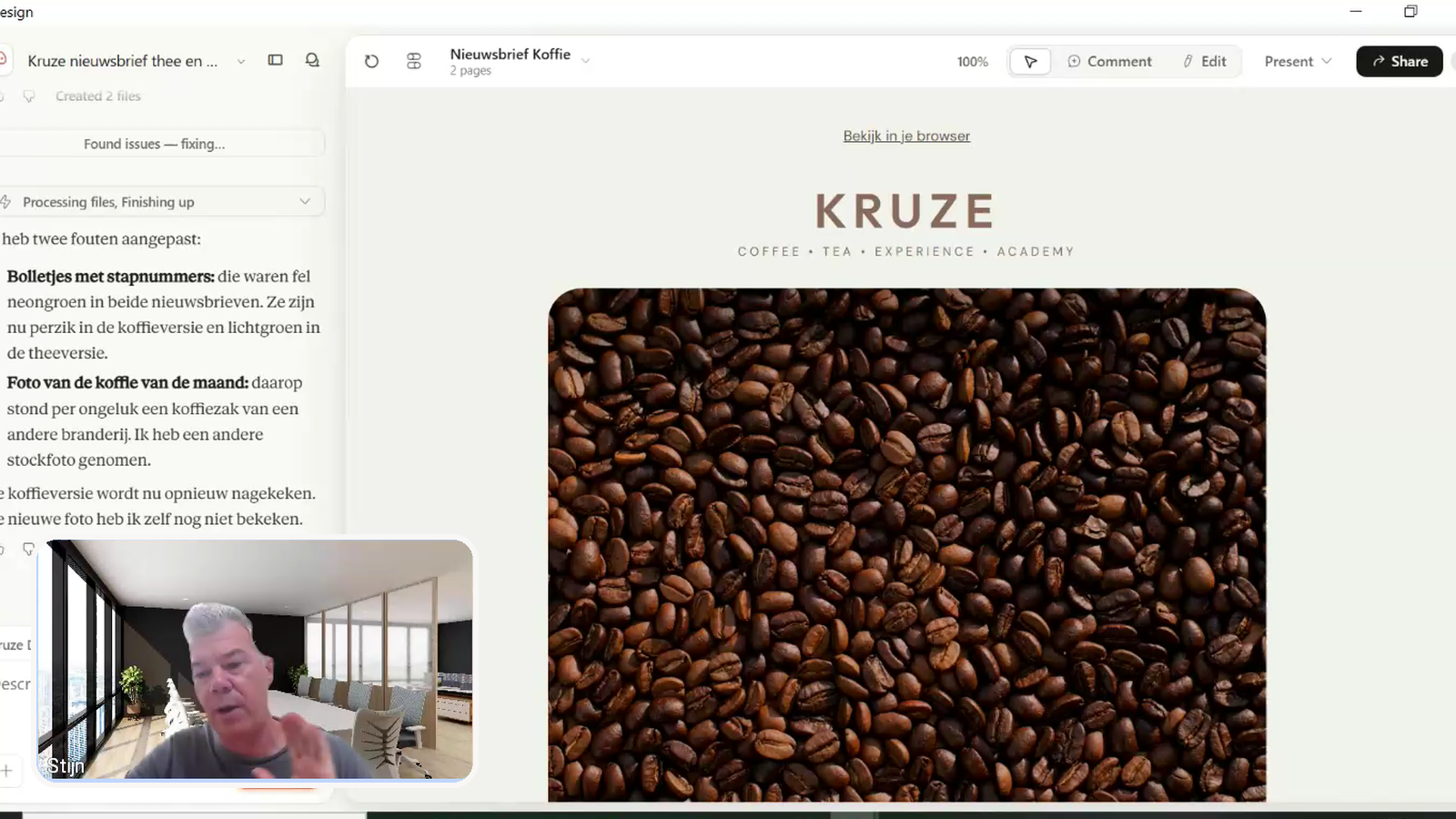 Stijn Van Schoonlandt toont in Claude Design twee nieuwsbriefontwerpen in de huisstijl van Kruze