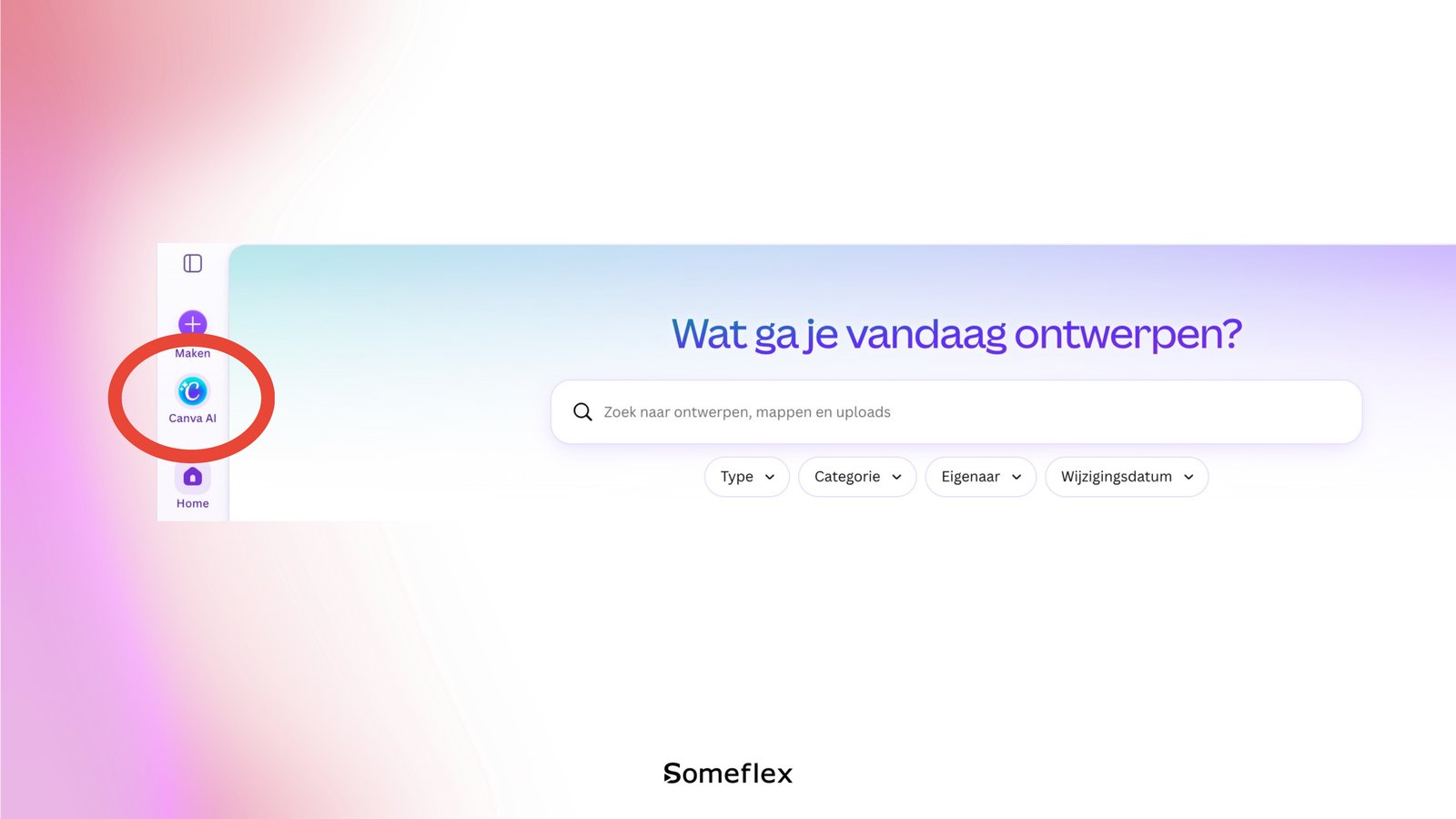 De vernieuwde Canva-homepage met de nieuwe Canva AI-knop in de linkerbalk