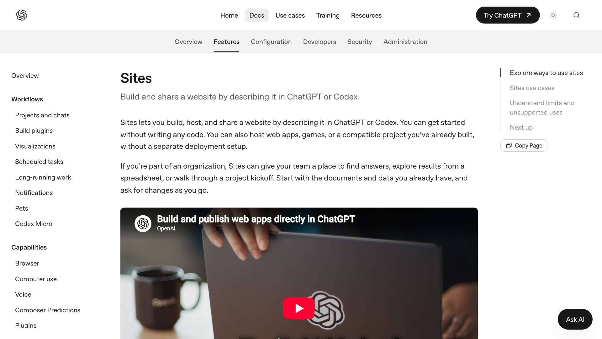 De officiële documentatiepagina van ChatGPT Sites: een website bouwen en delen door ze te beschrijven in ChatGPT