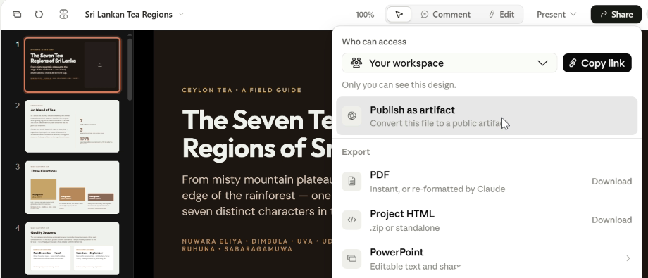 Het exportmenu van Claude Design: delen via link, exporteren naar PDF, HTML of PowerPoint, of rechtstreeks naar Canva sturen