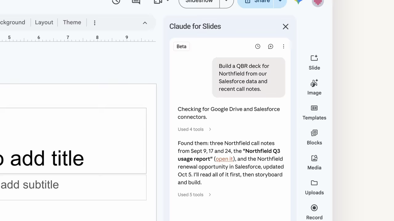 Claude for Slides bouwt een presentatie in Google Slides