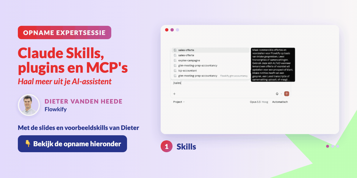 Drie schermen uit de expertsessie: de skills-lijst van Dieter, zijn SEO-dashboard en de bibliotheek met connectoren in Claude