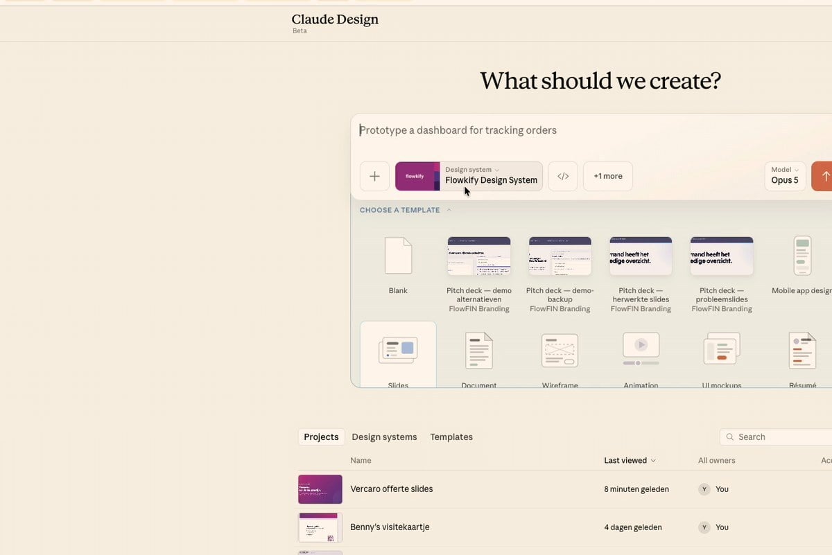 Het startscherm van Claude Design: je kiest een template zoals slides, document of wireframe, met je eigen design system geactiveerd