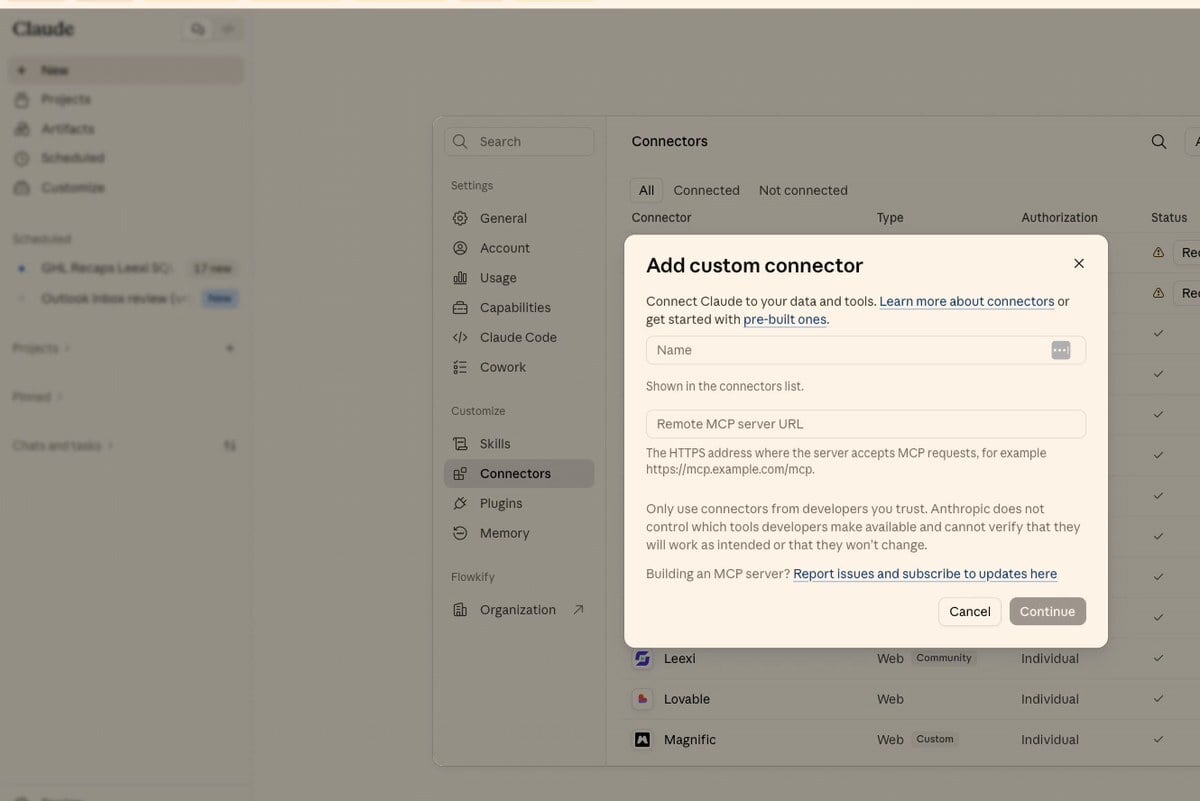 Een custom connector (MCP) toevoegen in Claude: naam en server-URL invullen, verder niets