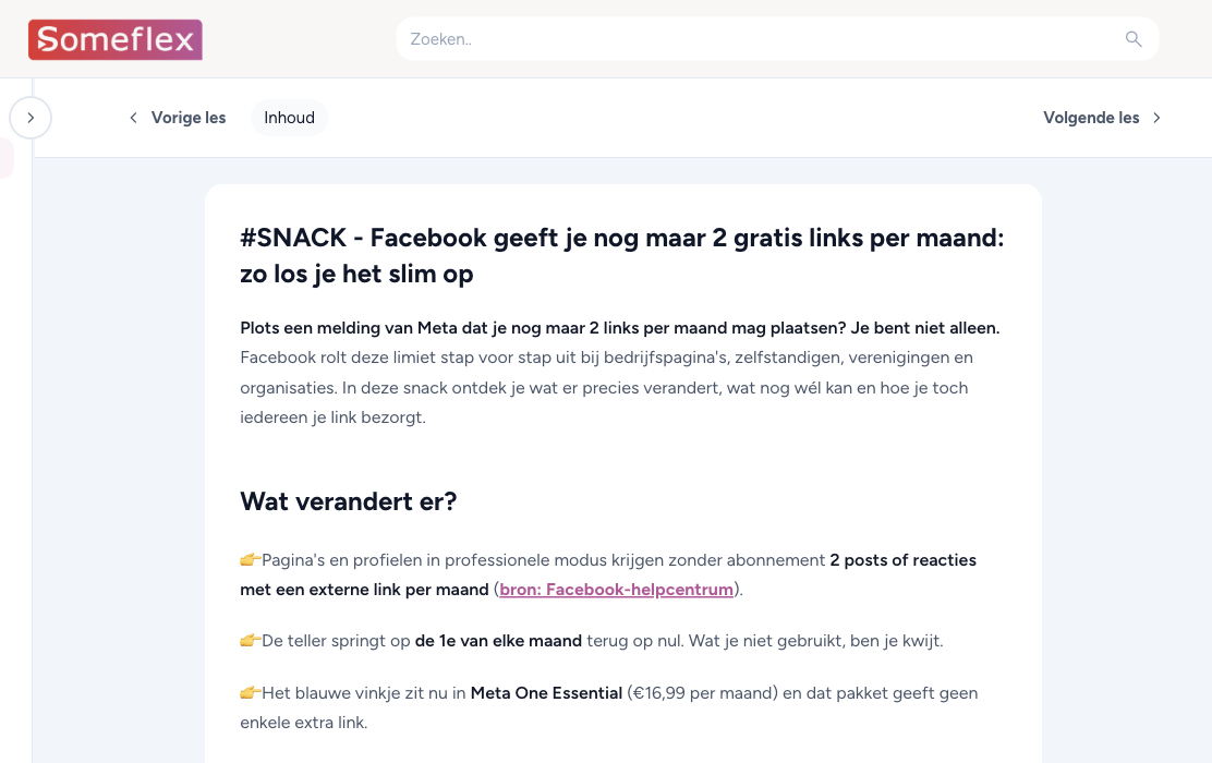 De snack over de Facebook-linklimiet op het leerplatform van Someflex