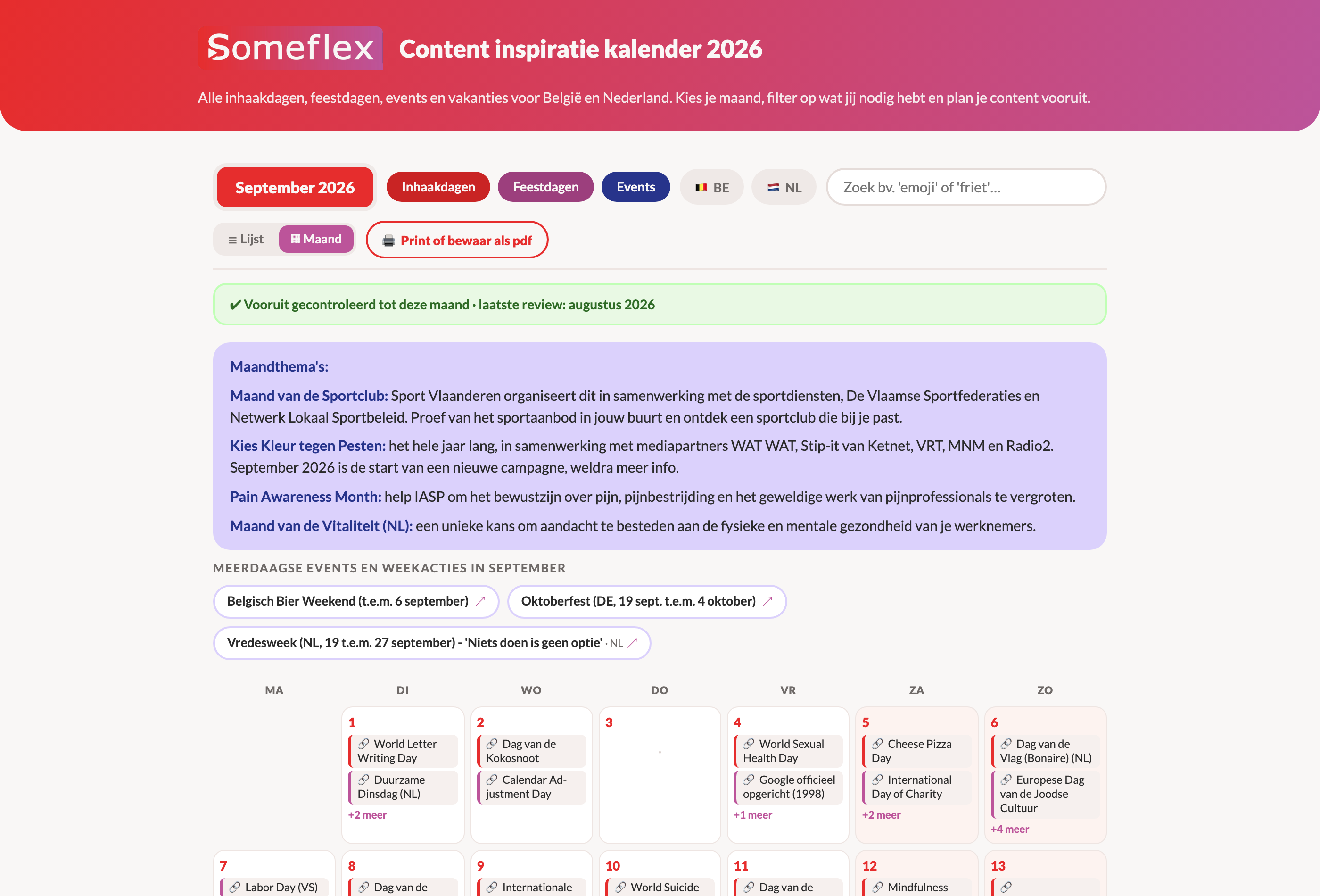 De Someflex content inspiratie kalender: september 2026 met maandthema's, weekacties en inhaakdagen per dag