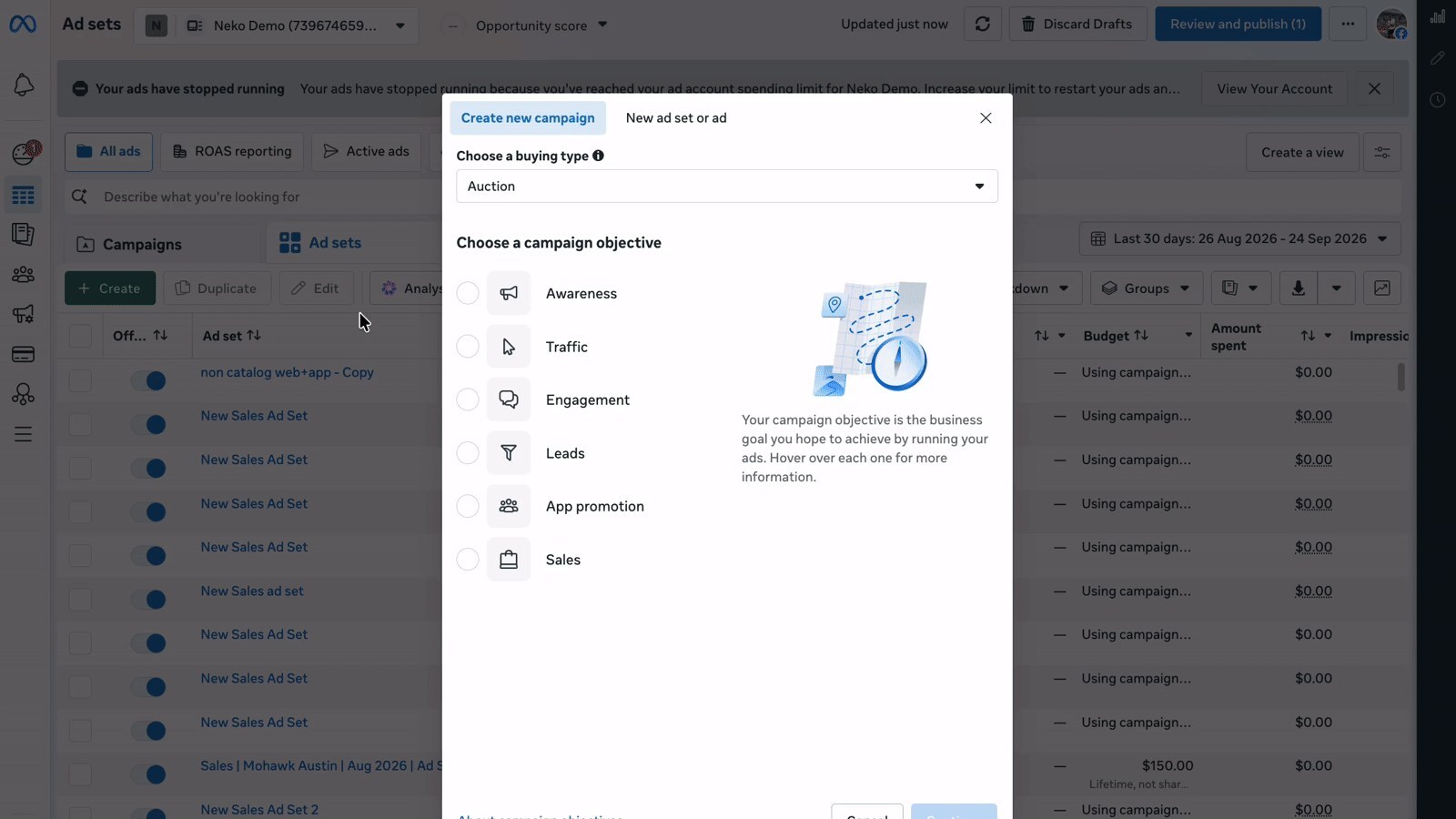 Meta Ads Manager met een nieuwe campagne en AI-ondersteuning