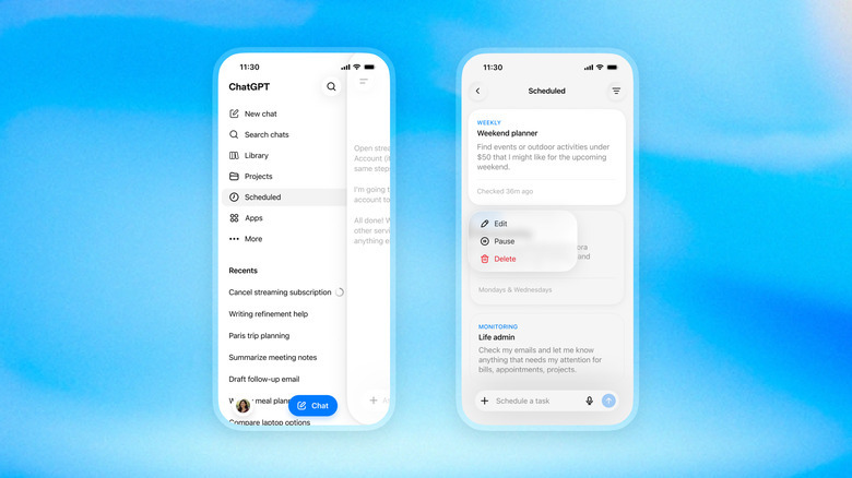 Screenshots van het scheduled tasks-menu in ChatGPT