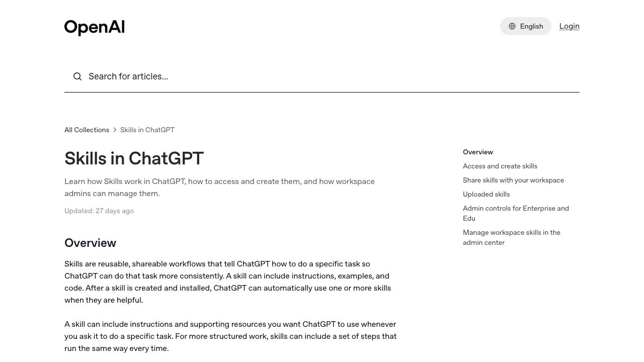 Screenshot van de officiële OpenAI Help Center-pagina 'Skills in ChatGPT'
