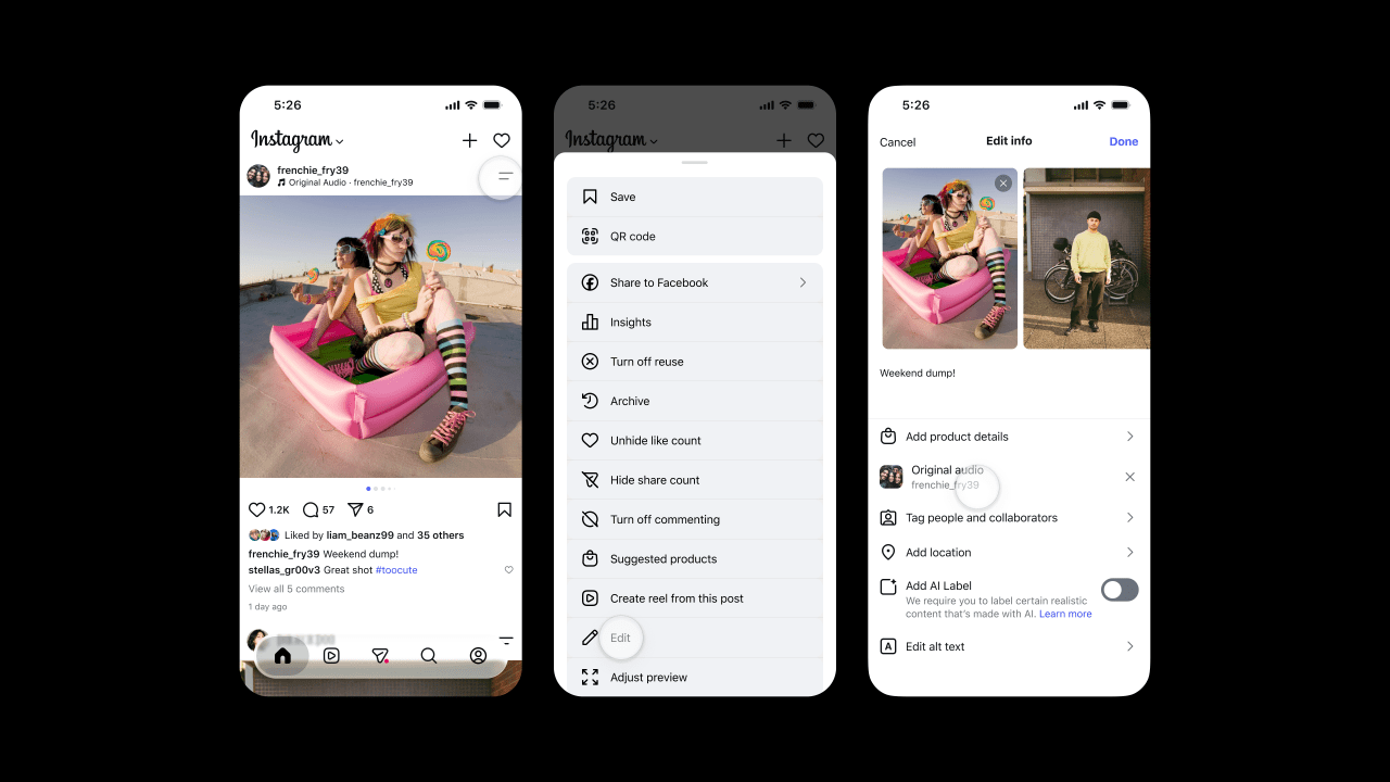 Instagram's officiële schermafbeelding van de nieuwe Replace Audio-functie op een gepubliceerde post