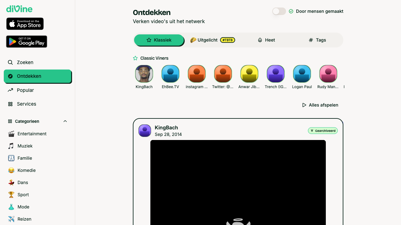 Screenshot van de officiële diVine-website met de Ontdekken-feed en het gearchiveerde Vine-materiaal