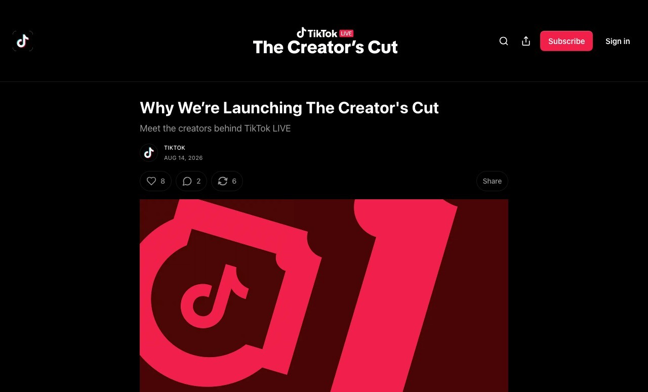 TikTok's officiële Substack-pagina 'The Creator's Cut', met de launchpost 'Why We're Launching The Creator's Cut'