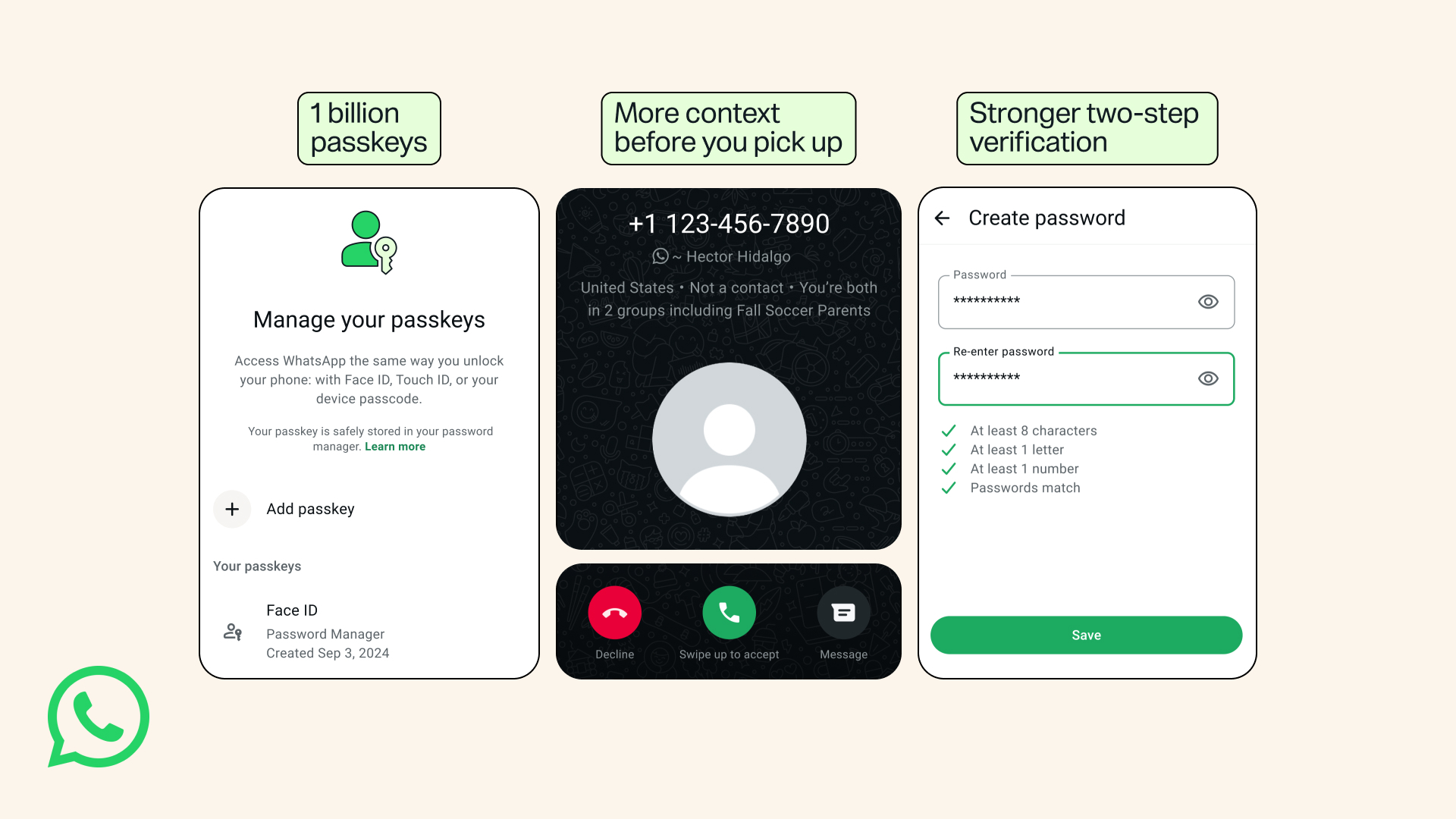 WhatsApp-schermen tonen passkeybeheer, extra gesprekscontext en het aanmaken van een sterk wachtwoord