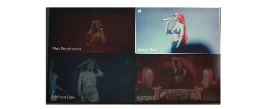 Schermafbeelding van YouTube Stations tijdens de Coachella-lancering, met een grid van live-optredens