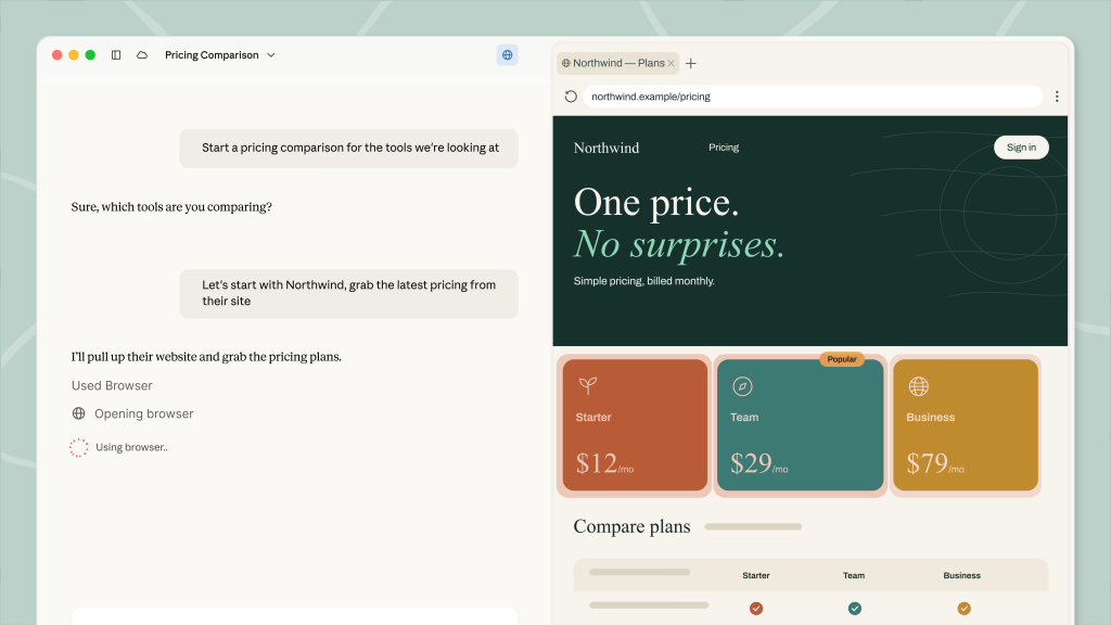Screenshot van de ingebouwde browser in Claude Cowork die een prijsvergelijking uitvoert