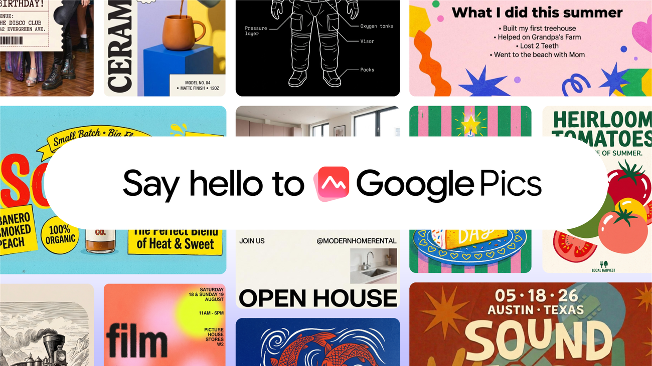 Google Pics hero-beeld met AI-gegenereerde designvoorbeelden en de tekst