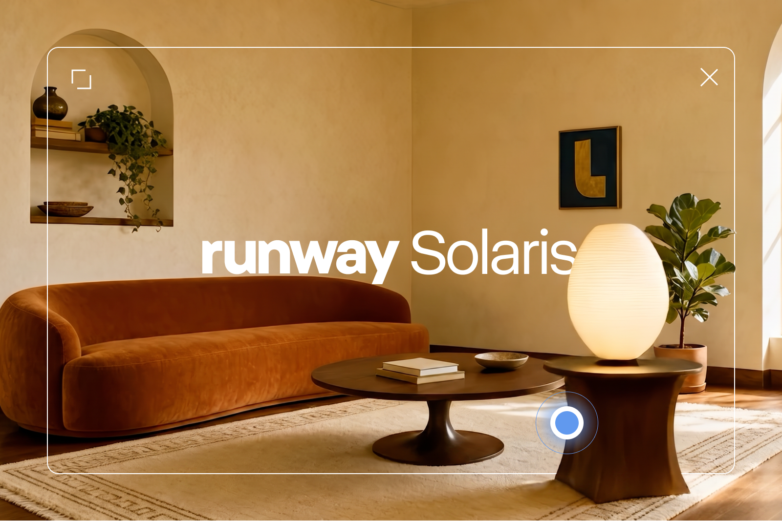 Officiële Runway Solaris-visual: een interface die als live beeld over een interieurscène gerenderd wordt