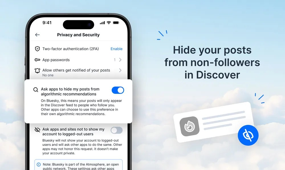 Bluesky-instellingenscherm met de nieuwe optie om je posts te verbergen voor niet-volgers in Discover