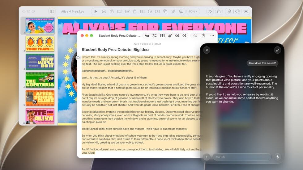 Siri AI geeft feedback op een tekst naast Keynote en Pages op de Mac