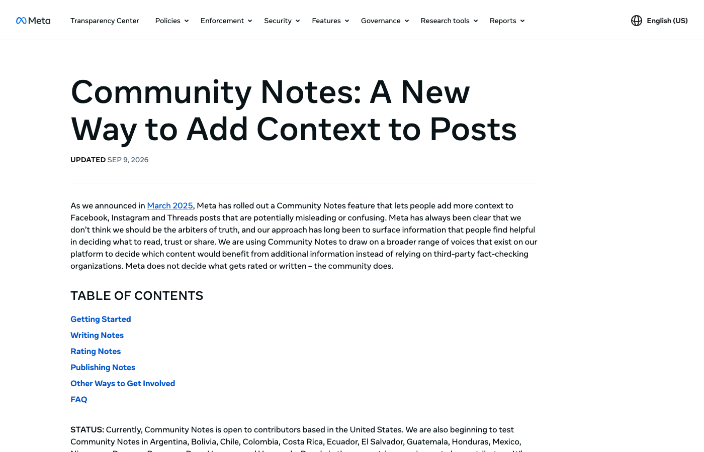 Uitlegpagina van Meta over Community Notes in het Transparency Center