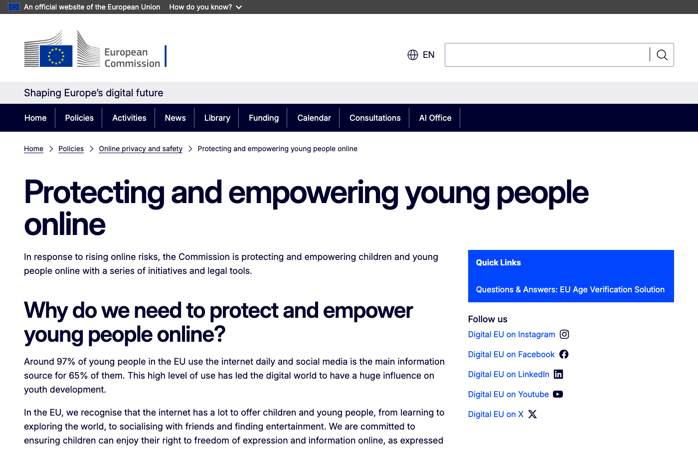 Beleidspagina van de Europese Commissie over de bescherming van jongeren online