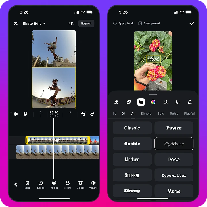 De carousel-editor in de Labs-instellingen van de Edits-app