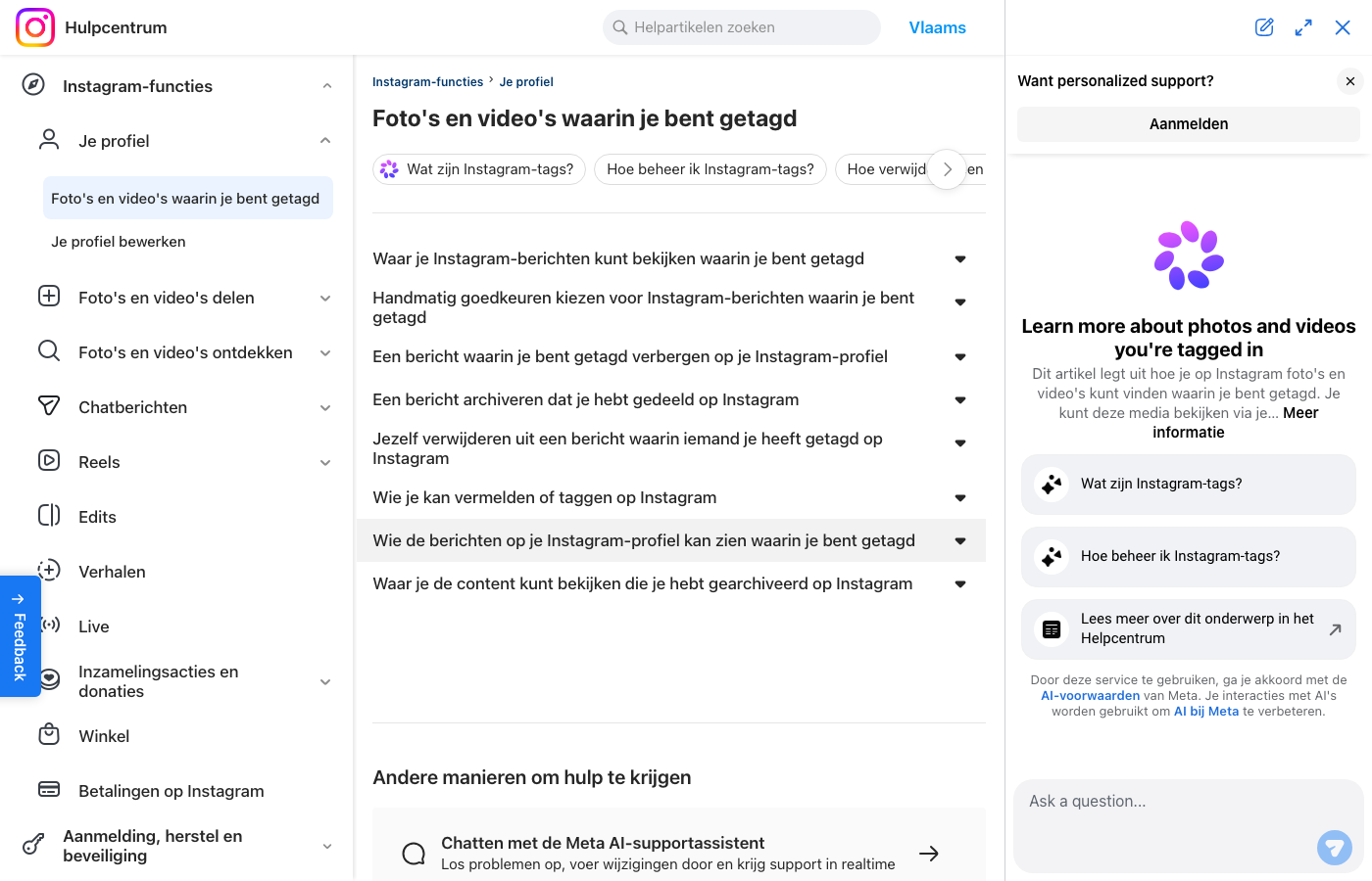 Helppagina van Instagram over getagde posts op je profielgrid