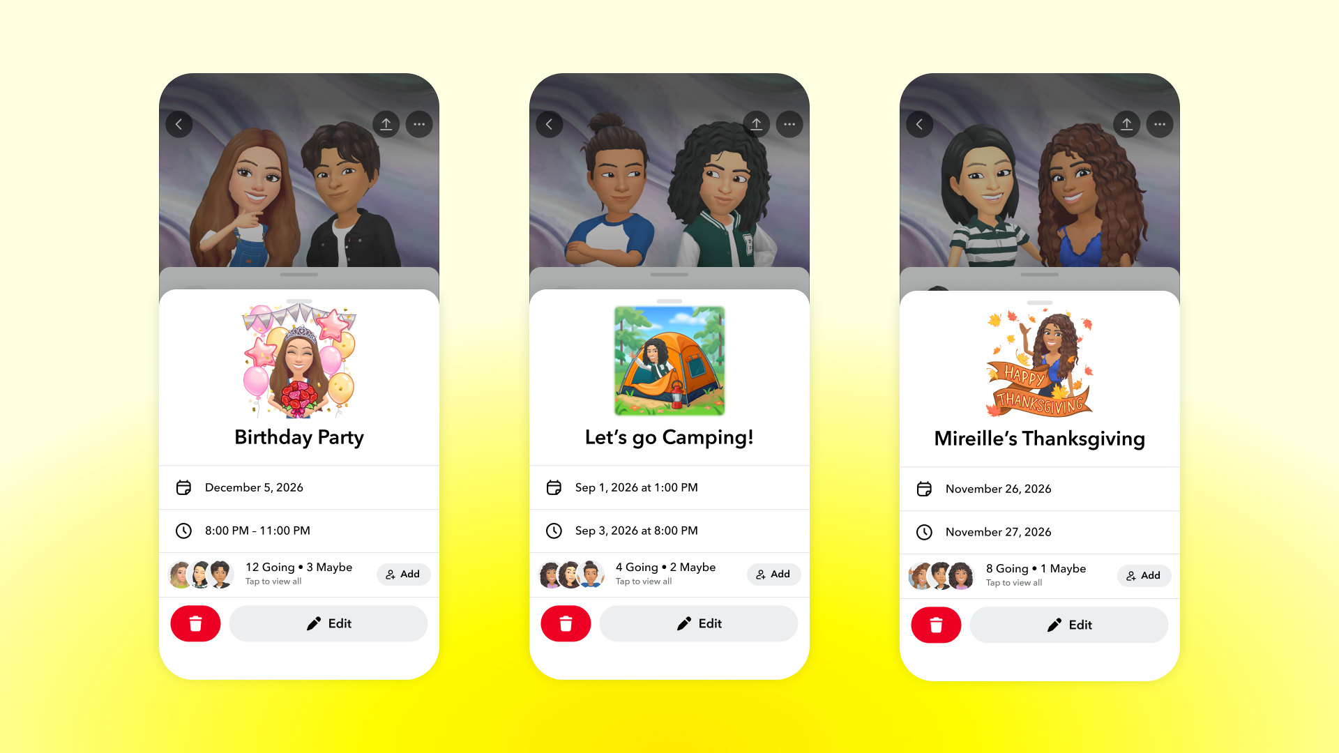 Het nieuwe Plans-scherm in Snapchat met datum en uitnodigingen