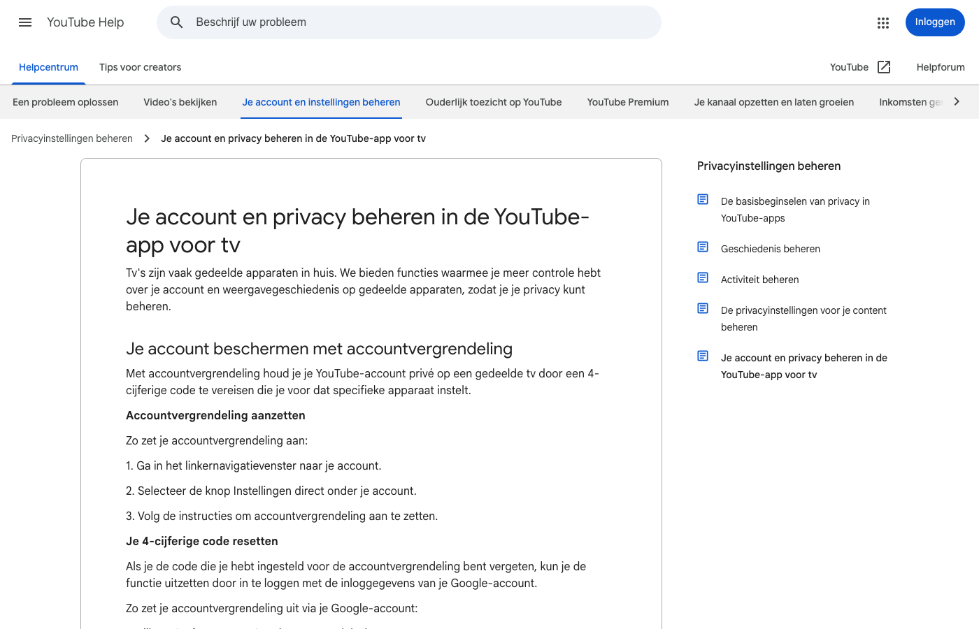 Instellingen voor het accountslot van YouTube op een smart-tv